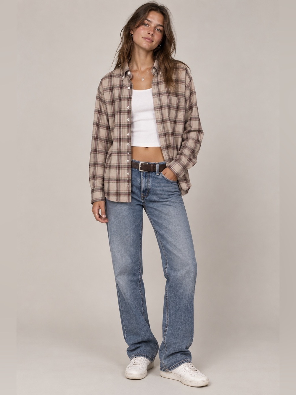 Brandy Melville Beige Brown Plaid Button Down Flannel Shirt